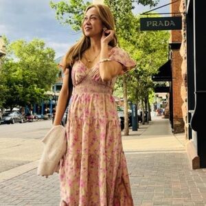 Floral V-Neck Flutter Sleeve Tiered Poplin Maxi Dress Festival Garden Dress